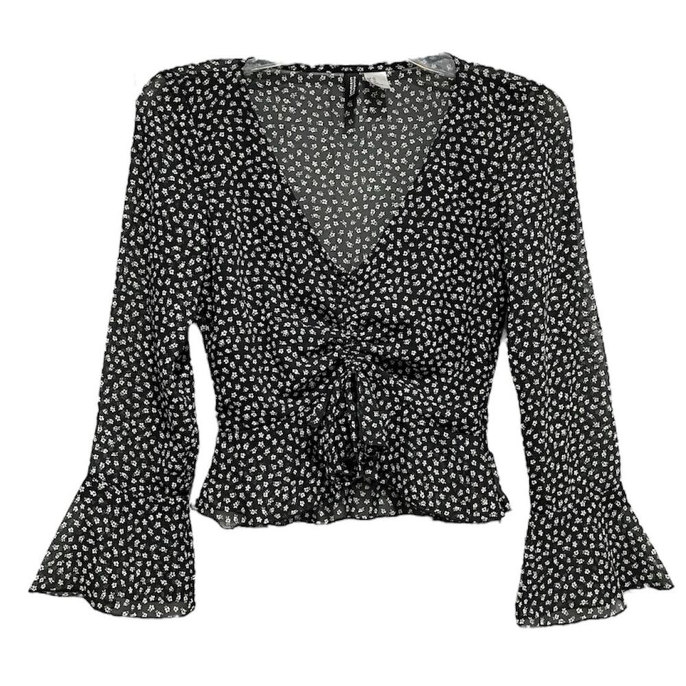 H&M Divided Womens Boho Sheer Floral Top Size XS Black Hippie Bell Sleeve Ruched
